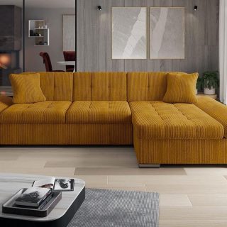 Converteerbare hoekbank MARLIE met longchair rechts mosterdgeel