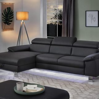 Converteerbare hoekbank MIKO met longchair links eco-leder zwart met led