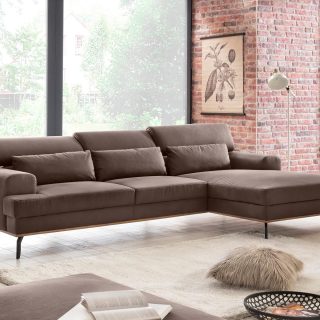 Converteerbare hoekbank PEPPO met longchair links stof savannah