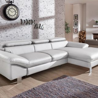 Converteerbare hoekbank DODGE met longchair rechts eco-leder wit